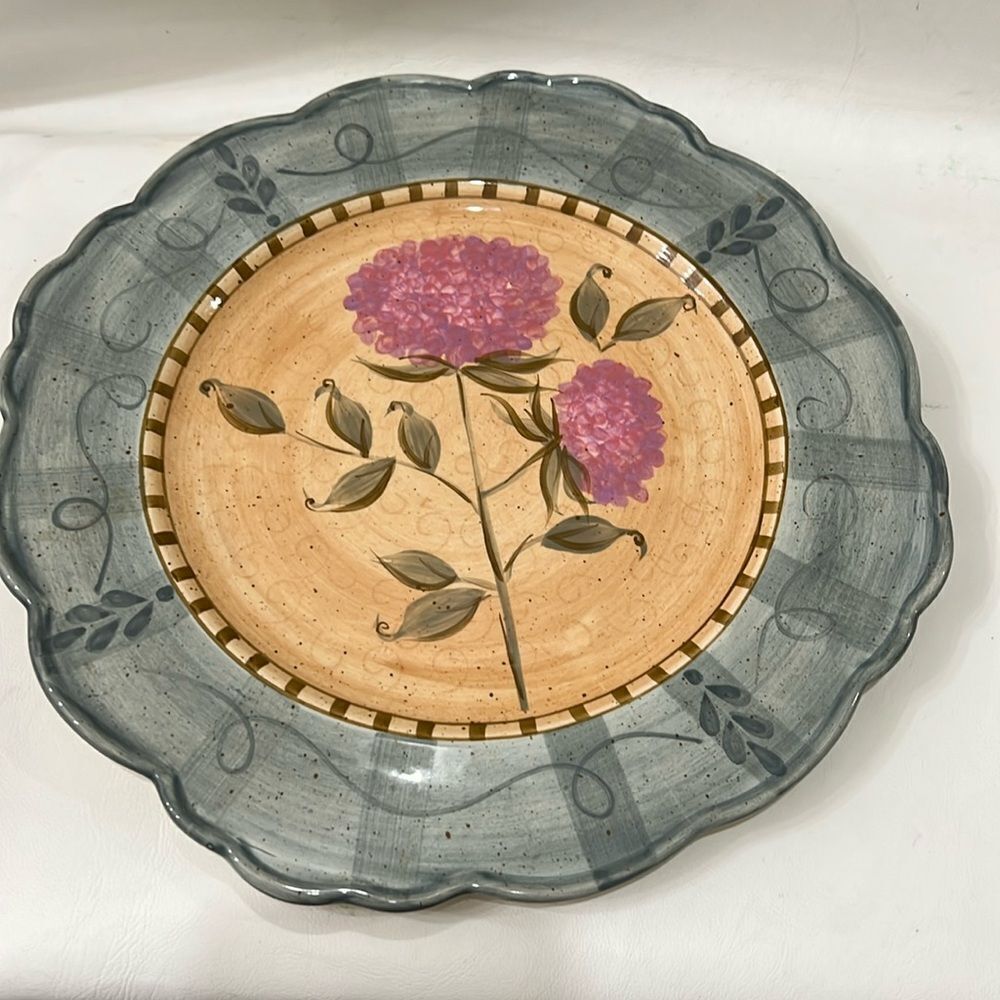 222 Fifth Ibaza Dinner Plate 11 1/2 Inch Round Scalloped Floral Blue Brown Pink